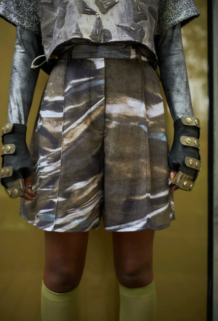 Crystail Foil Semi-Flared Shorts with Silk Lamé Details