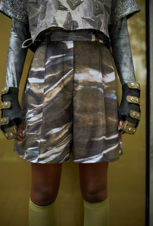 Crystail Foil Semi-Flared Shorts with Silk Lamé Details