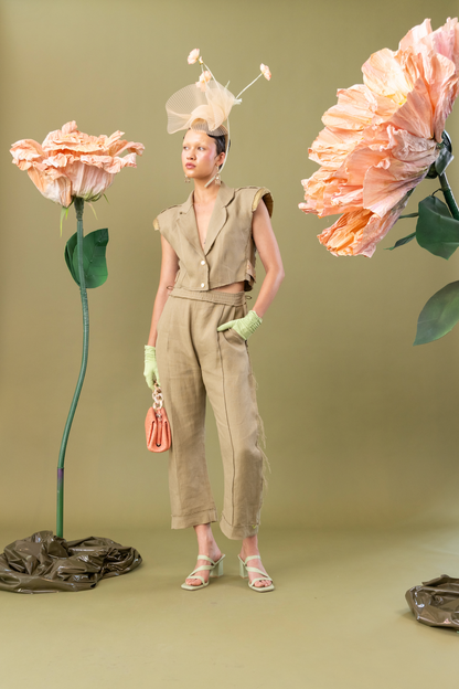 Rosemary Olive Cropped Semi-Fitted Gilet in 100% Linen