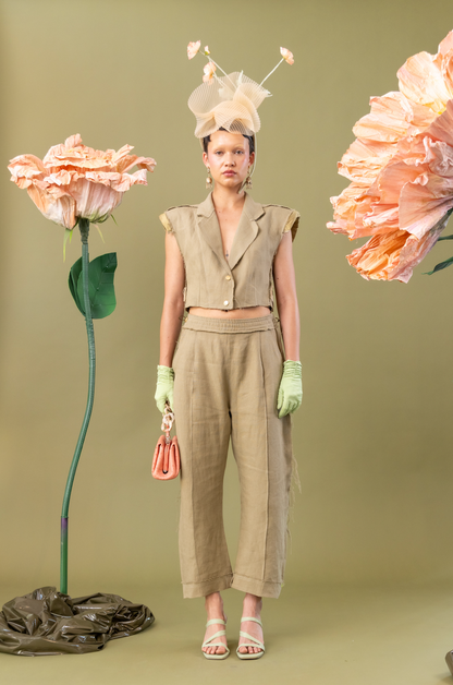 Rosemary Olive Cropped Semi-Fitted Gilet in 100% Linen