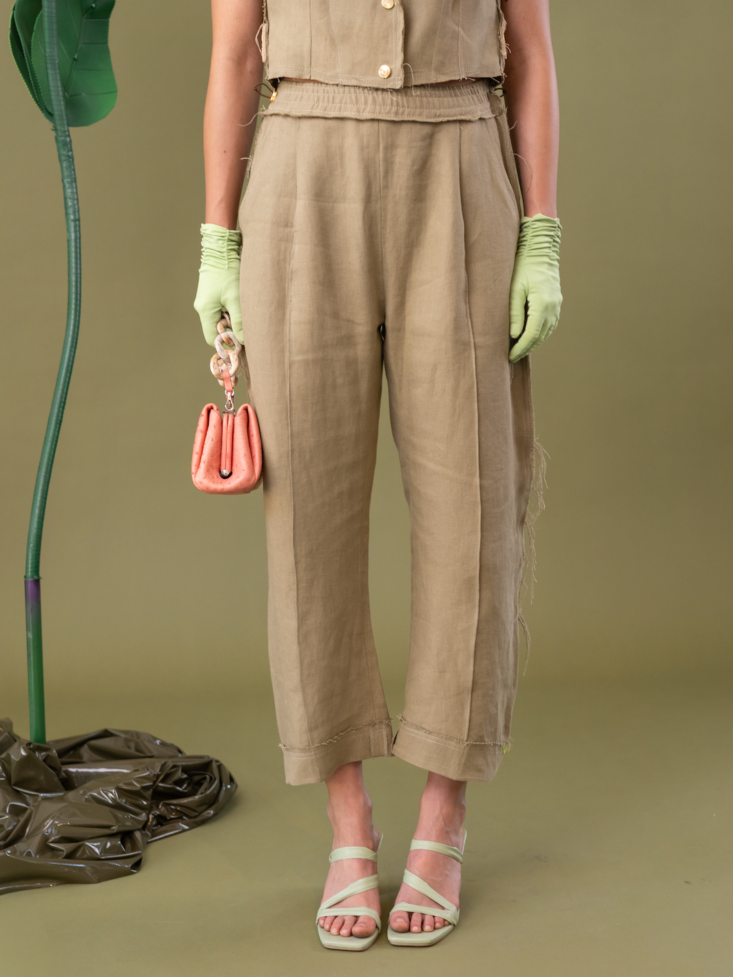 Rosemary Olive Arch-Leg Pants in 100% Linen
