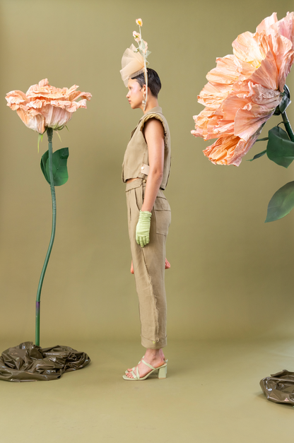 Rosemary Olive Arch-Leg Pants in 100% Linen