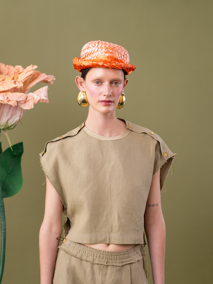 Rosemary Olive Popper Top in 100% Linen