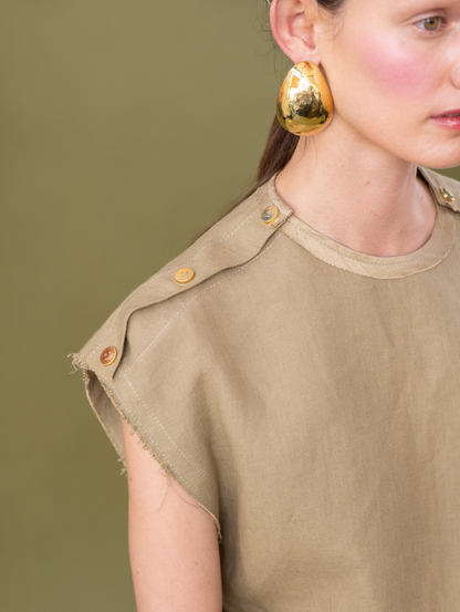 Rosemary Olive Popper Top in 100% Linen