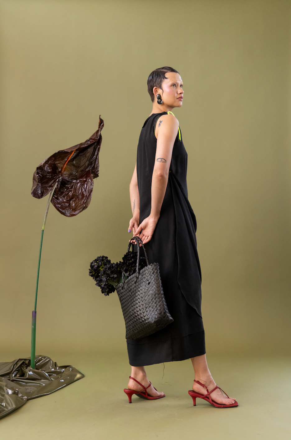 Black Tulip Drape Dress in Cotton Viscose