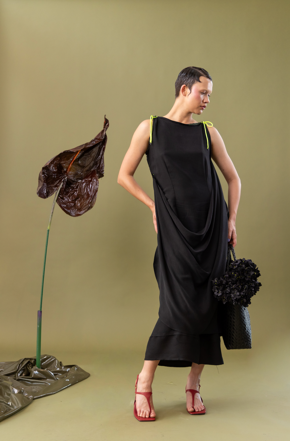 Black Tulip Drape Dress in Cotton Viscose