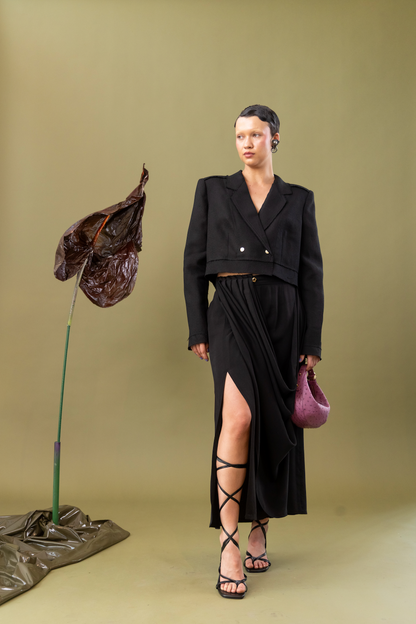 Japanese Grass Double-Breasted Cropped Jacket in Linen Raffia