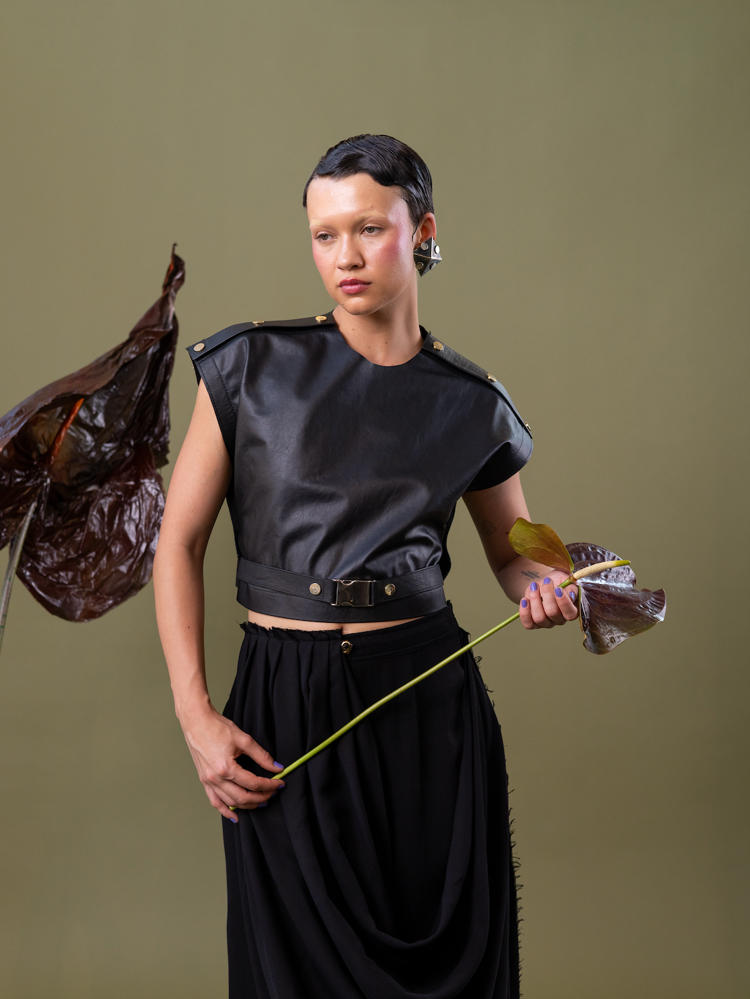 Onyx Bloom  Popper Top in 100% Bovine Leather