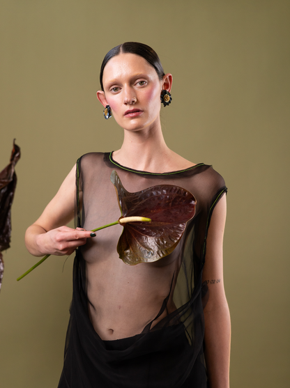 Black Tulip Drape Top in 100% Silk Chiffon