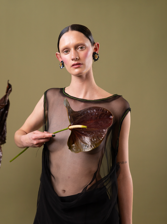 Black Tulip Drape Top in 100% Tissue Silk