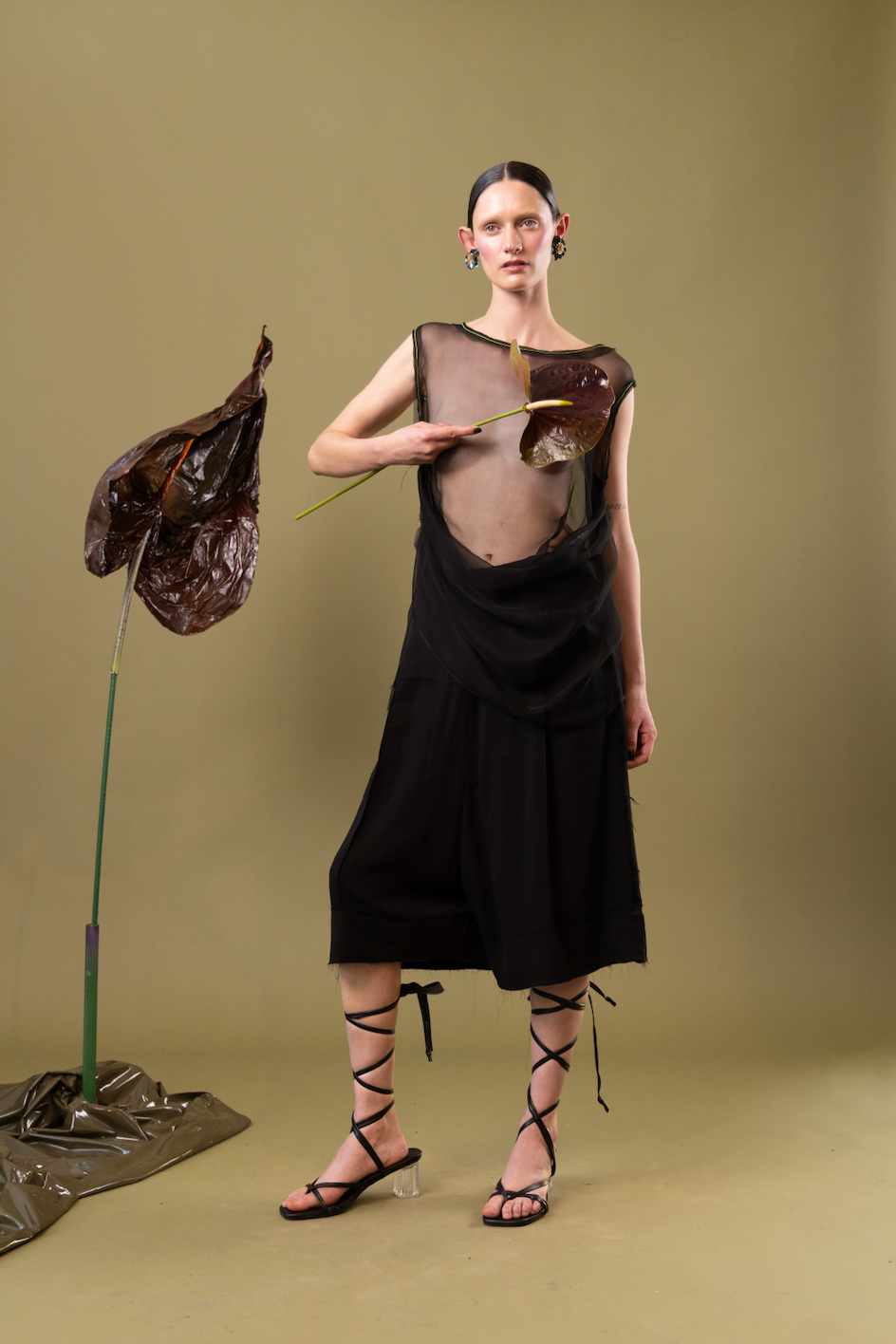 Black Tulip Drape Top in 100% Silk Chiffon
