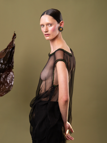 Black Tulip Drape Top in 100% Silk Chiffon