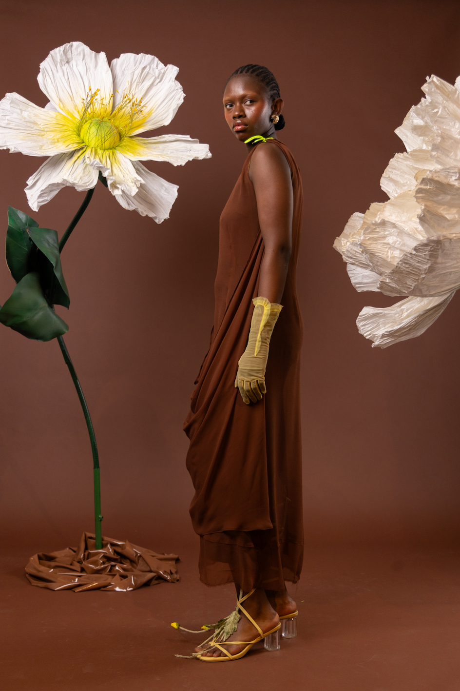 Chocolate Orchid Drape Silk Dress in 100% Silk Georgette