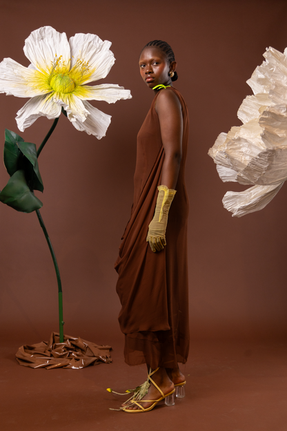 Chocolate Orchid Drape Silk Dress in 100% Silk Georgette
