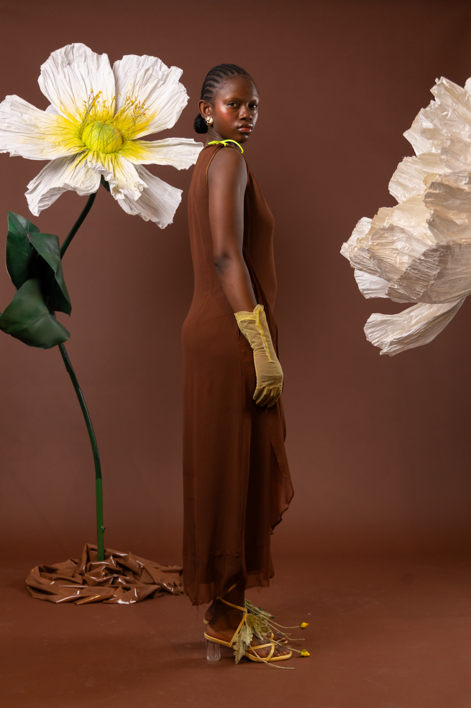 Chocolate Orchid Drape Silk Dress in 100% Silk Georgette