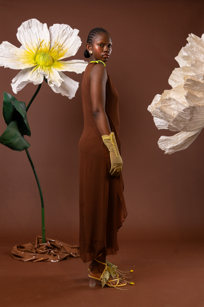 Chocolate Orchid Drape Silk Dress in 100% Silk Georgette
