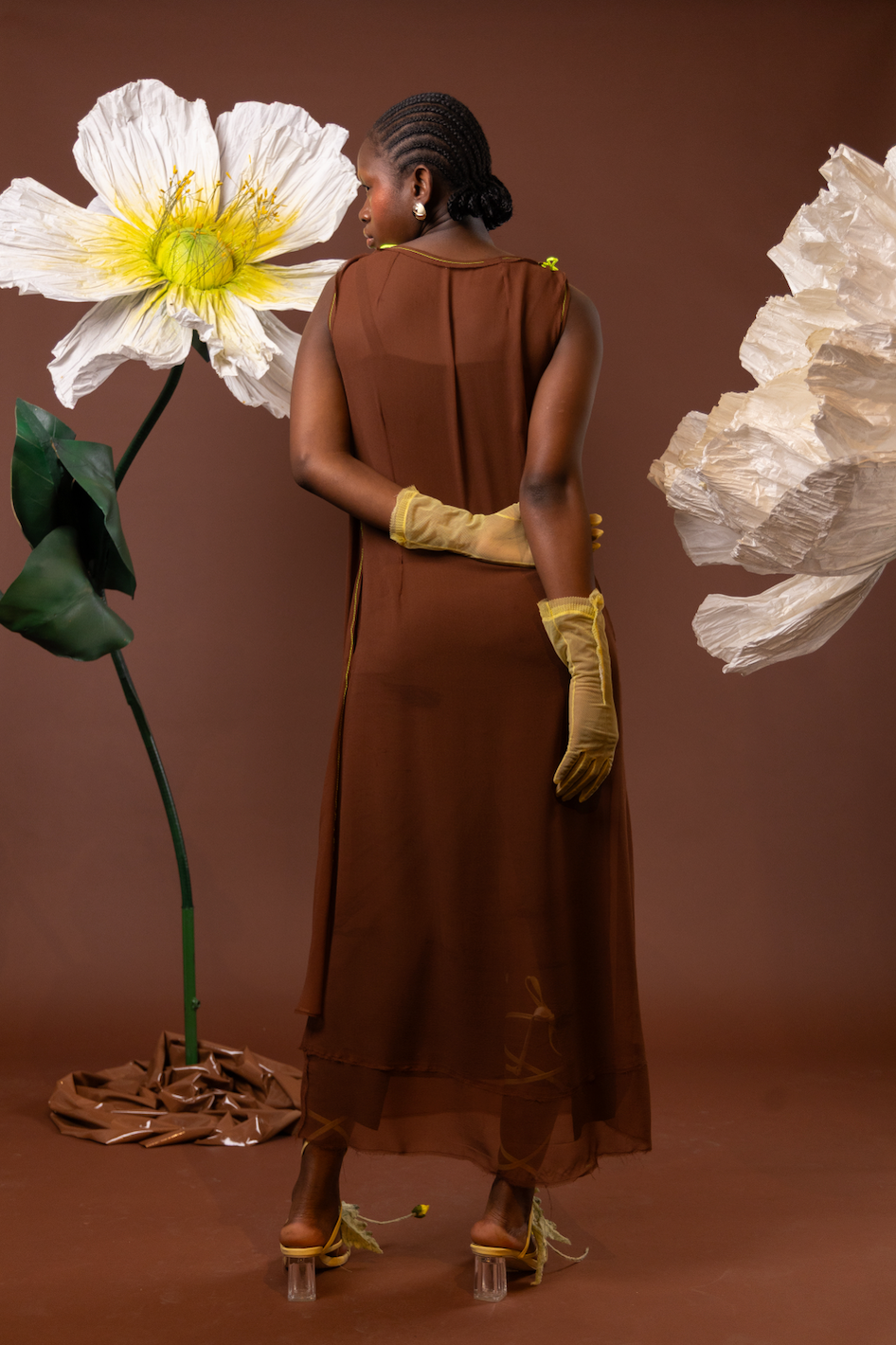 Chocolate Orchid Drape Silk Dress in 100% Silk Georgette