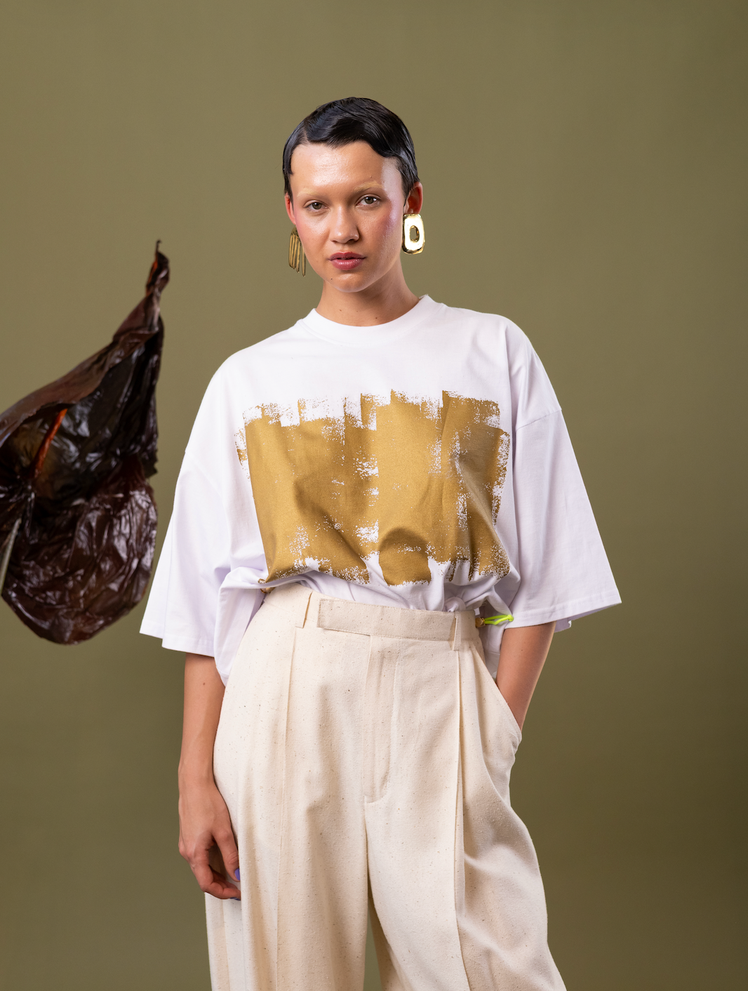 Abstract Gold Leaf T-Shirt  in Cotton Jersey