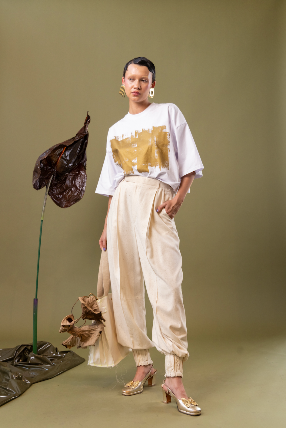 Abstract Gold Leaf T-Shirt  in Cotton Jersey