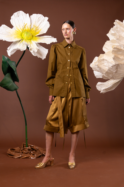 Golden Olive Gathered Sleeve Shirt in 100% Cotton