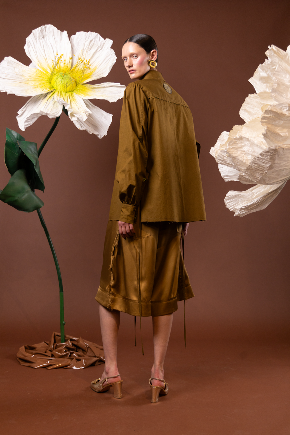 Golden Olive Gathered Sleeve Shirt in 100% Cotton