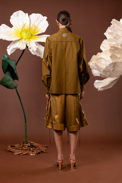 Golden Olive Gathered Sleeve Shirt in 100% Cotton