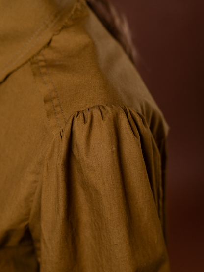 Golden Olive Gathered Sleeve Shirt in 100% Cotton