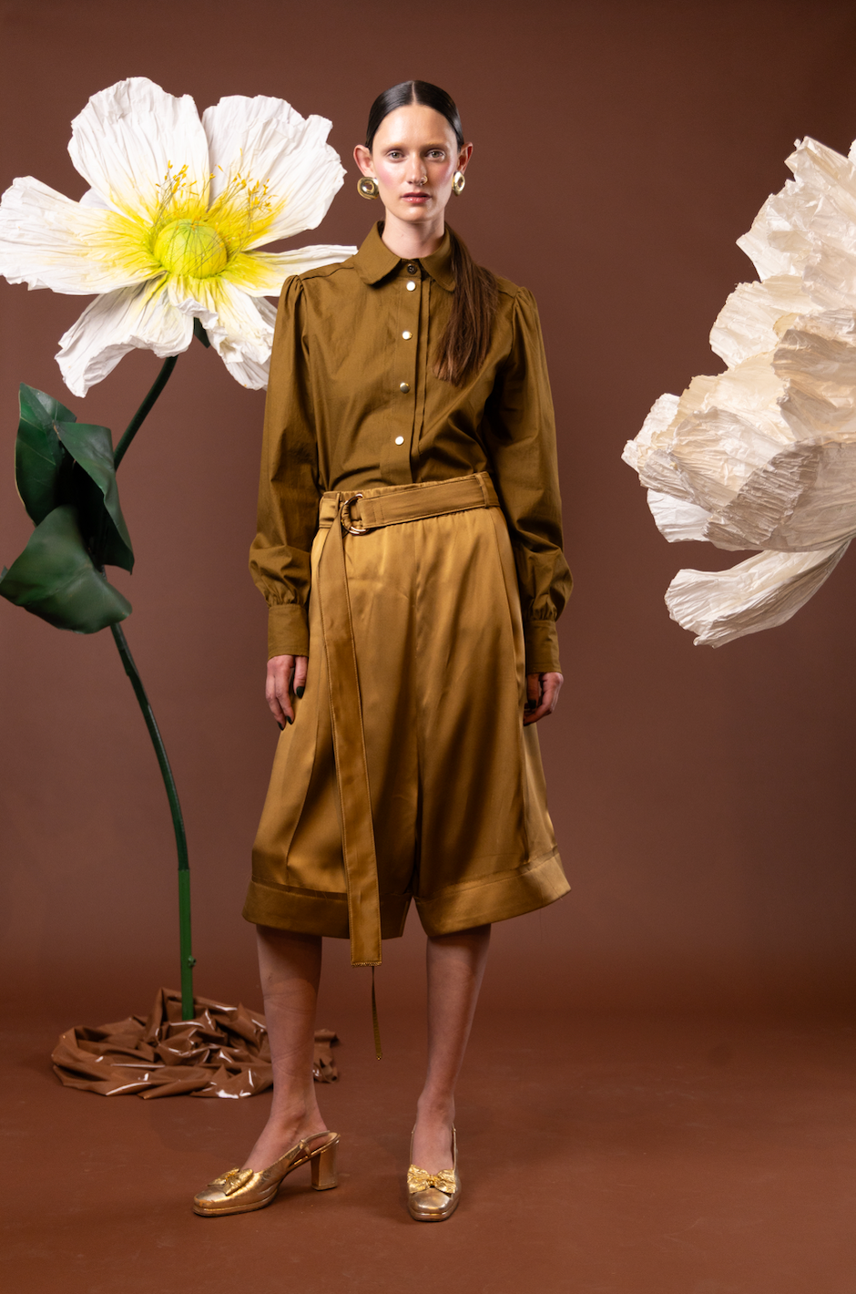 Copper Poppy Bermuda Shorts in 100% Silk