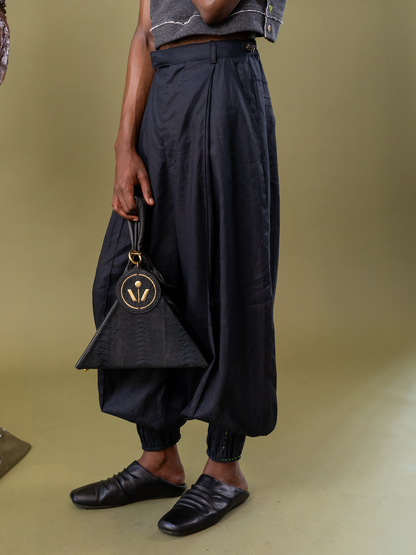 Black Anthurium Tailored Balloon Pants with Cuff in 100% Linen