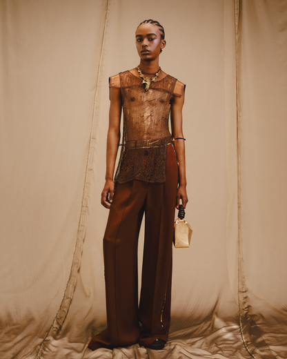 Brown Viscose Trapeze Pants with Silk Lame details