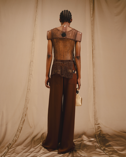 Brown Viscose Trapeze Pants with Silk Lame details