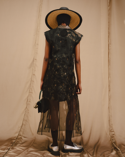 Vintage Shibori Japanese Acetate and Burnt Silk Organza Long Gilet with Gold Synthetic Lame detail