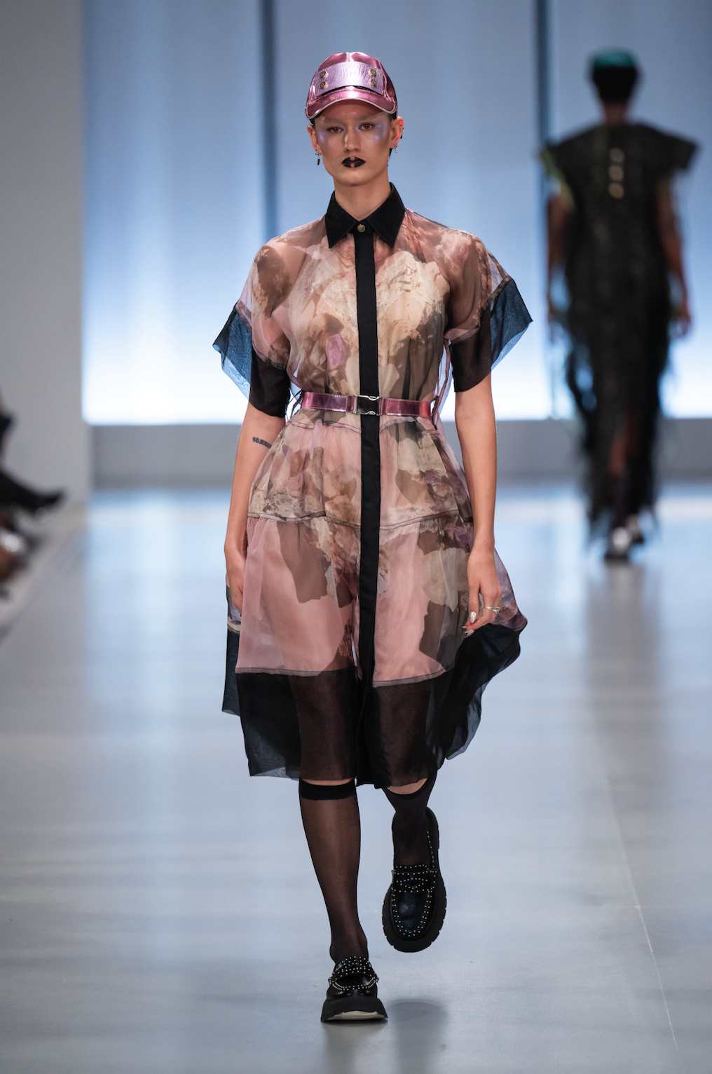 Kaleidoscopic Printed Silk Organza Collared Mini Utility Dress with Black Silk organza Hem and Sleeves