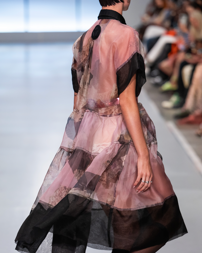 Kaleidoscopic Printed Silk Organza Collared Mini Utility Dress with Black Silk organza Hem and Sleeves