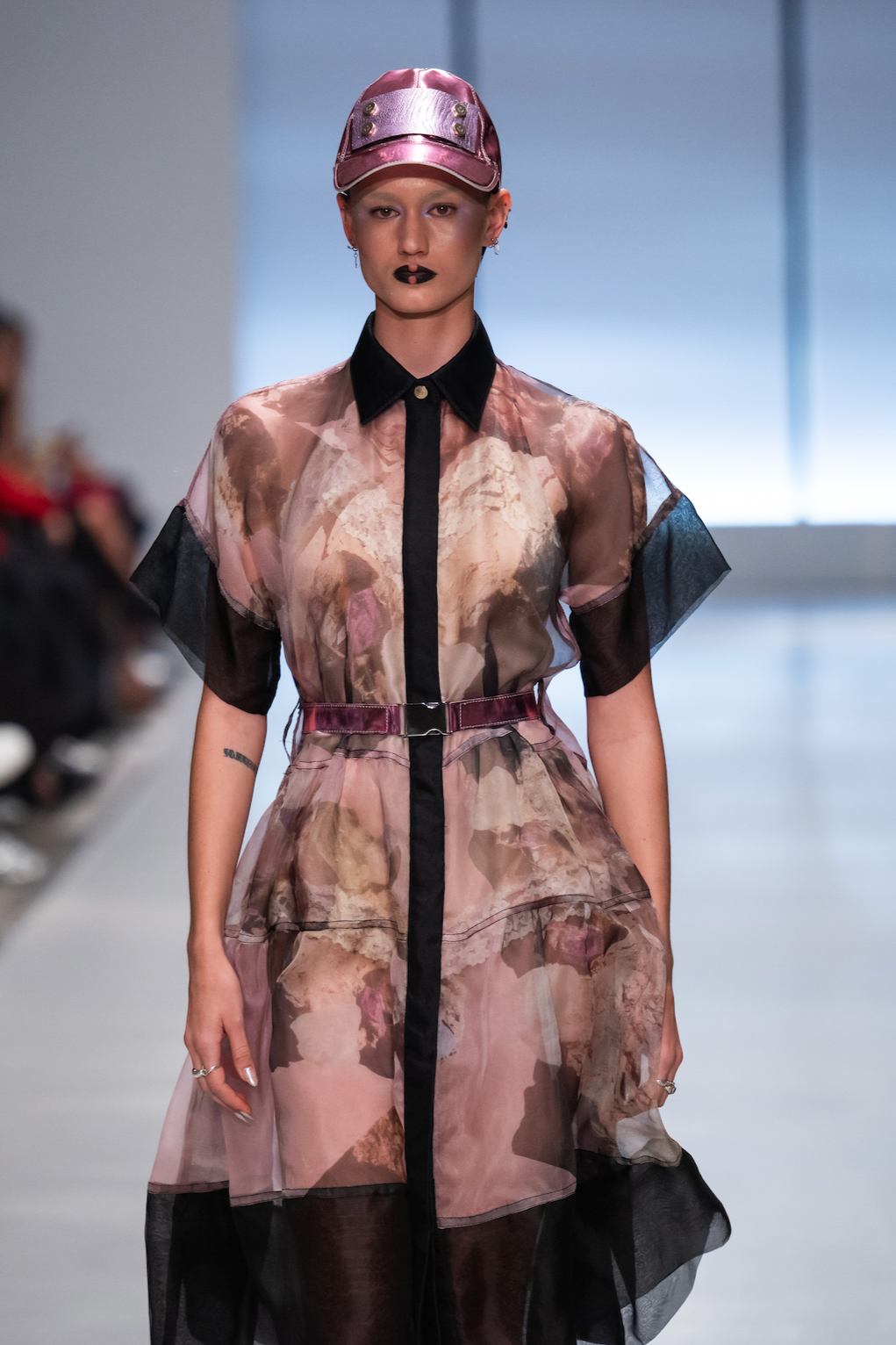 Kaleidoscopic Printed Silk Organza Collared Mini Utility Dress with Black Silk organza Hem and Sleeves