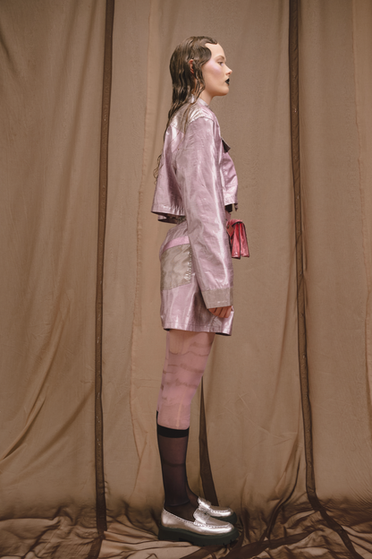 Lilac Silk Lamé Oversized Cropped Shirt with Silver Silk Lamé and Ostrich Leather Details