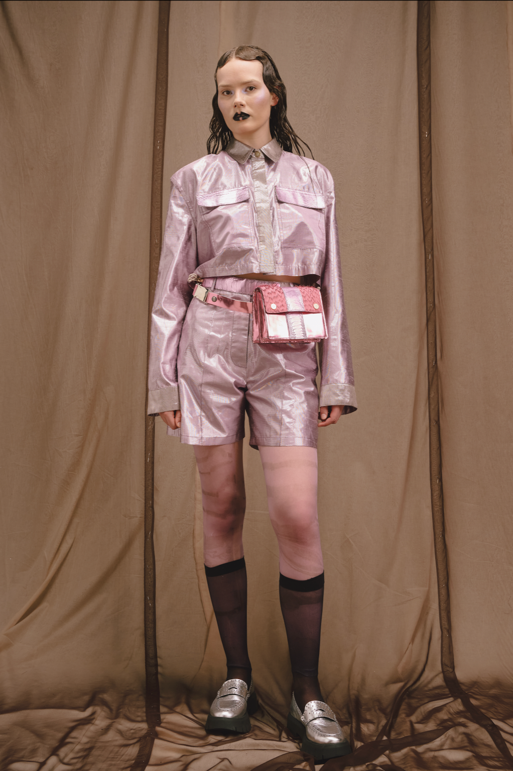 Lilac Silk Lamé Oversized Cropped Shirt with Silver Silk Lamé and Ostrich Leather Details