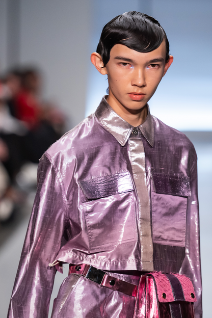 Lilac Silk Lamé Oversized Cropped Shirt with Silver Silk Lamé and Ostrich Leather Details