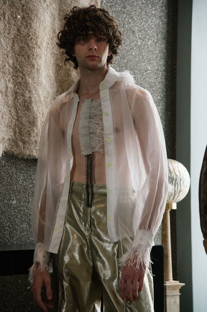 Icarus Gathered-Sleeve Classic Shirt in Silk Organza