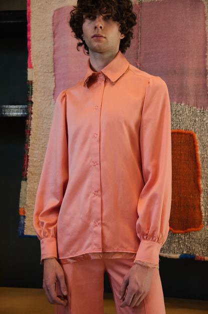 Rosy Maple Gathered-Sleeve  Classic Shirt in Silk Habotai