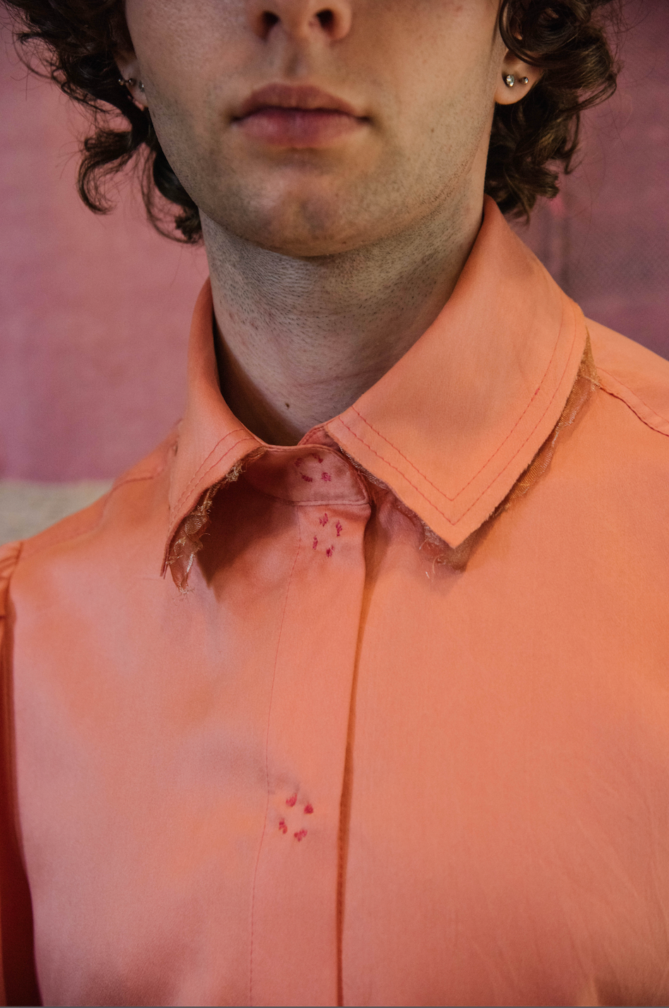 Rosy Maple Gathered-Sleeve  Classic Shirt in Silk Habotai