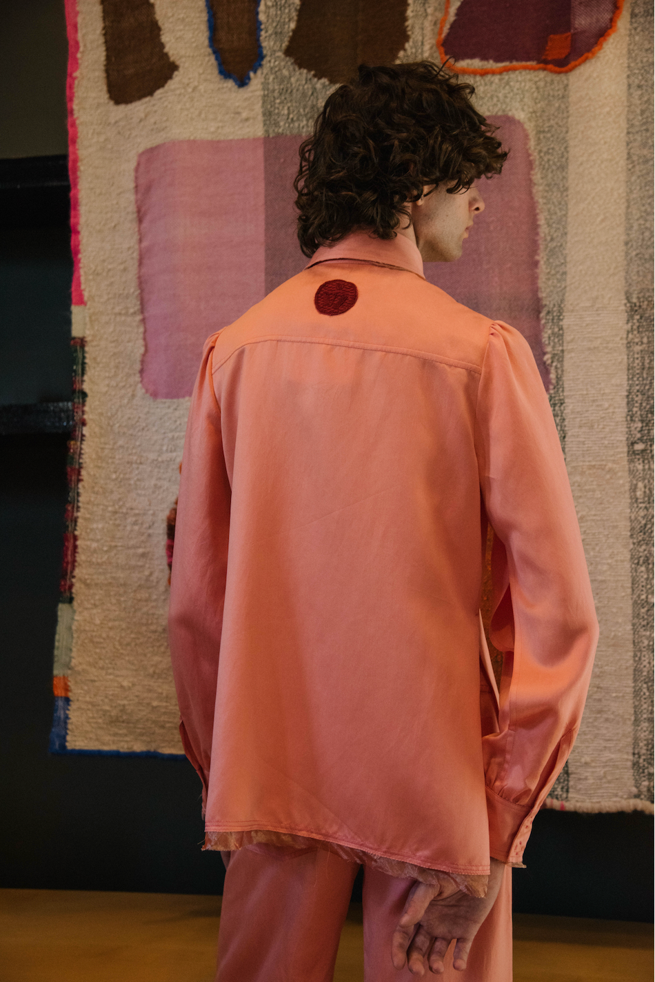 Rosy Maple Gathered-Sleeve  Classic Shirt in Silk Habotai