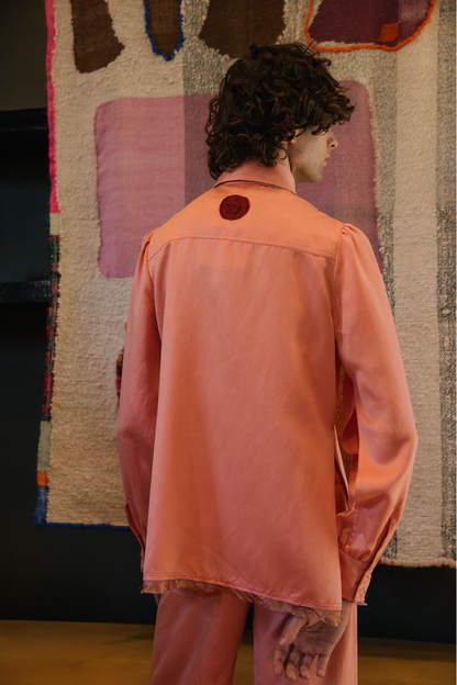 Rosy Maple Gathered-Sleeve  Classic Shirt in Silk Habotai