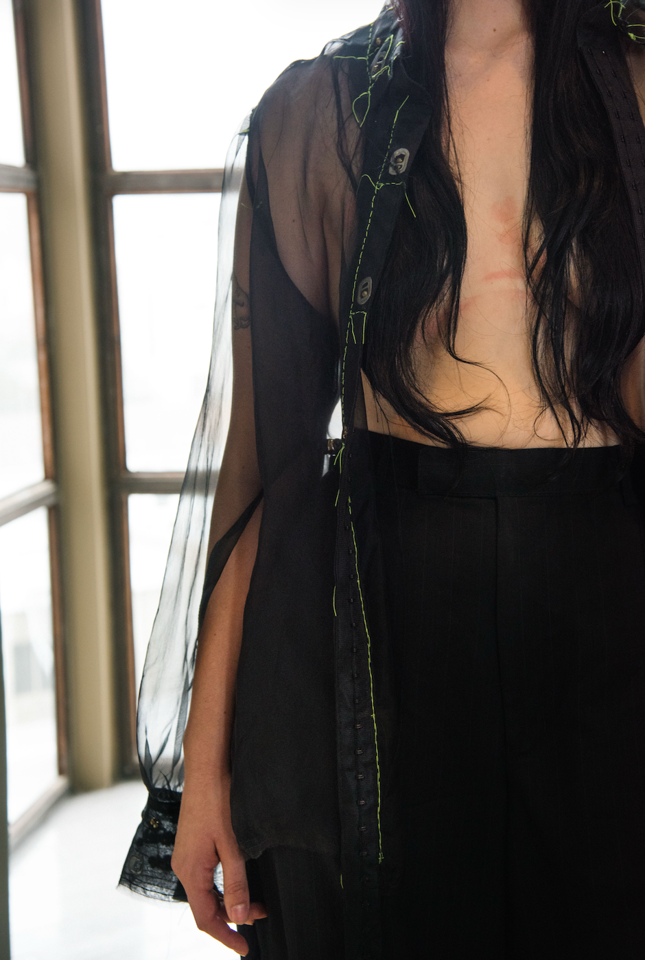 Lillith Gathered-Sleeve Classic Shirt in Silk Organza