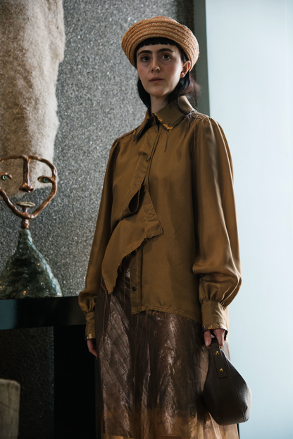 Terra Gathered-Sleeve Classic Shirt in Silk Organza