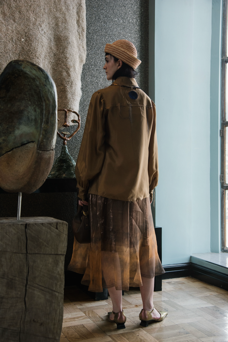 Terra Gathered-Sleeve Classic Shirt in Silk Organza