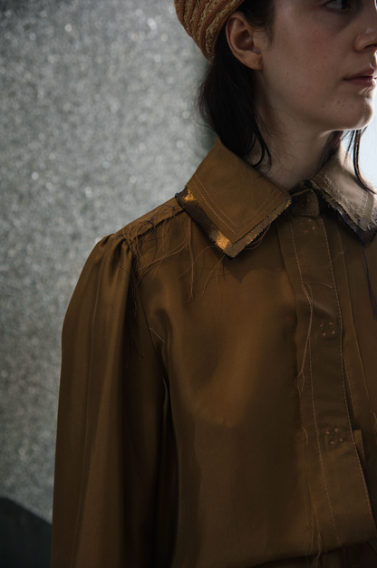 Terra Gathered-Sleeve Classic Shirt in Silk Organza