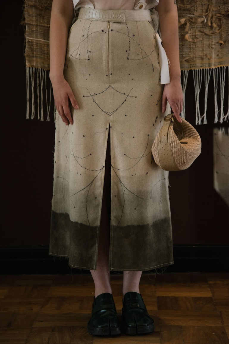 Casuarina Needles and Khakibos Dye Eco-Printed Raw Silk A-Line Signature Skirt