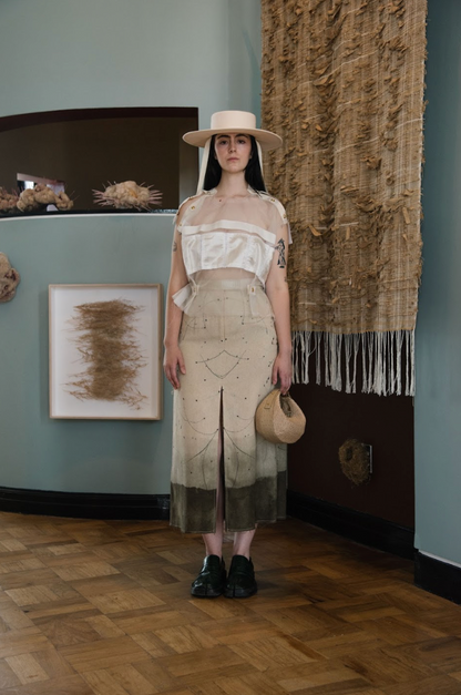 Casuarina Needles and Khakibos Dye Eco-Printed Raw Silk A-Line Signature Skirt