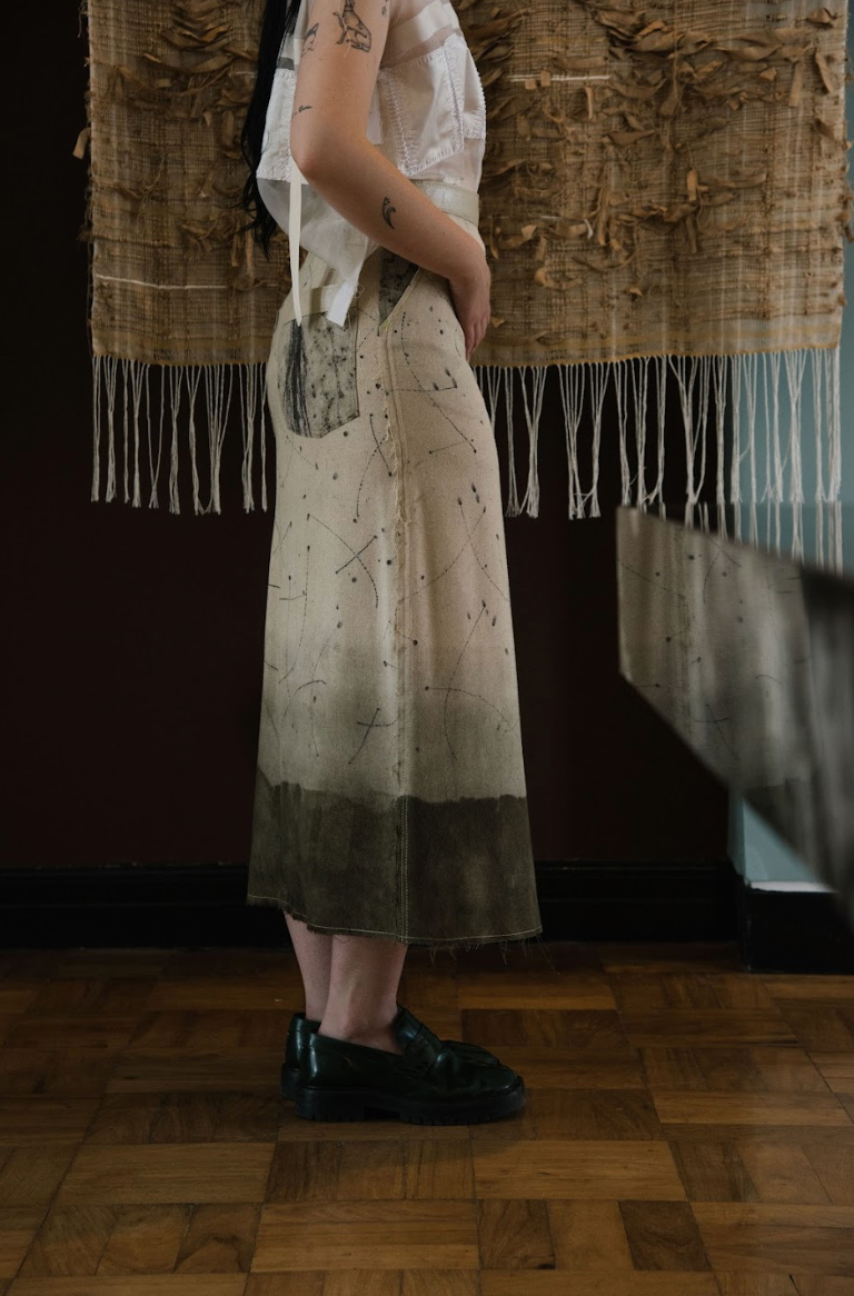 Casuarina Needles and Khakibos Dye Eco-Printed Raw Silk A-Line Signature Skirt